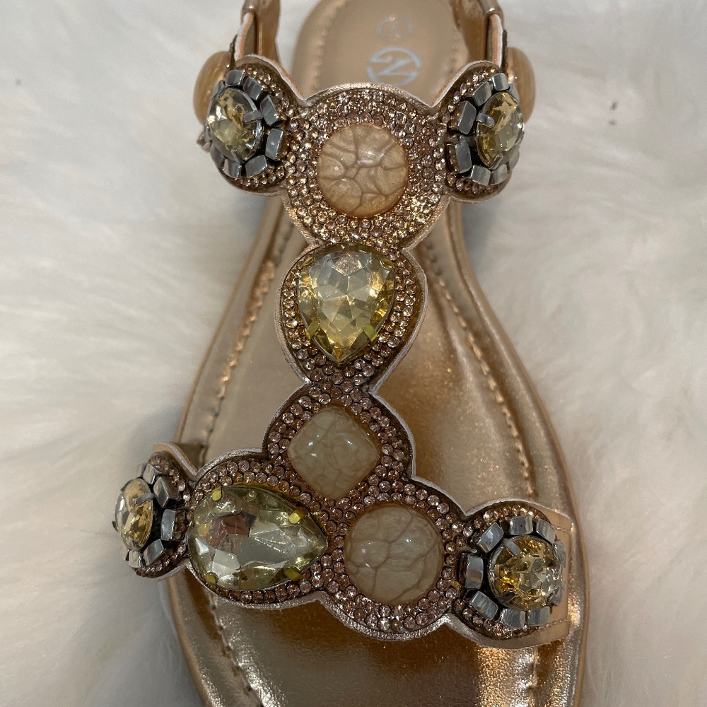 Rhinestone Sandals T-Strap Buckle Bohemian Pearl Crystal Flat Sandals 5905